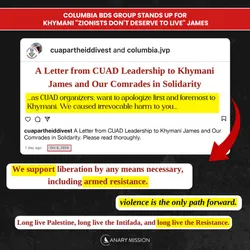CUAD issued a public apology to Khymani James—who infamously said “Zionists don’t deserve to live”—and reaffirmed their support for “liberation by any means necessary, including armed resistance.” 